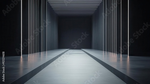 Industrial-style catwalk with sharp 3D runway lights  creating a high-contrast  modern atmosphere