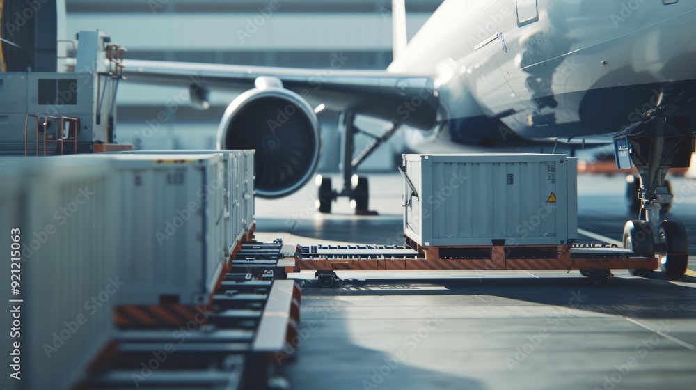 Cargo containers being loaded onto an airplane at a modern airport Cargo containers being loaded onto an airplane at a modern airport