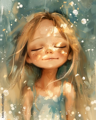 girl long hair eyes closed white sparkles sunlight beams splash smiling slightly meditating glow coming golden watery vibe asleep smile waking