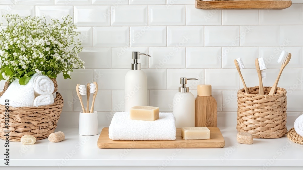 A serene bathroom scene featuring natural decor, towels, soap, and bamboo accessories for a calming atmosphere. A serene bathroom scene featuring natural decor, towels, soap, and bamboo accessories for a calming atmosphere.