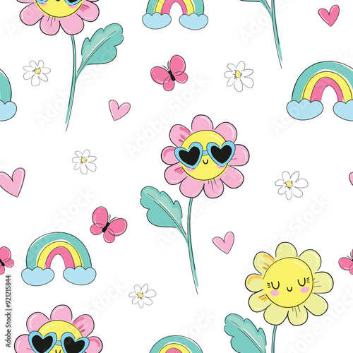 Seamless pattern with rainbow and flowers background vector illustration 