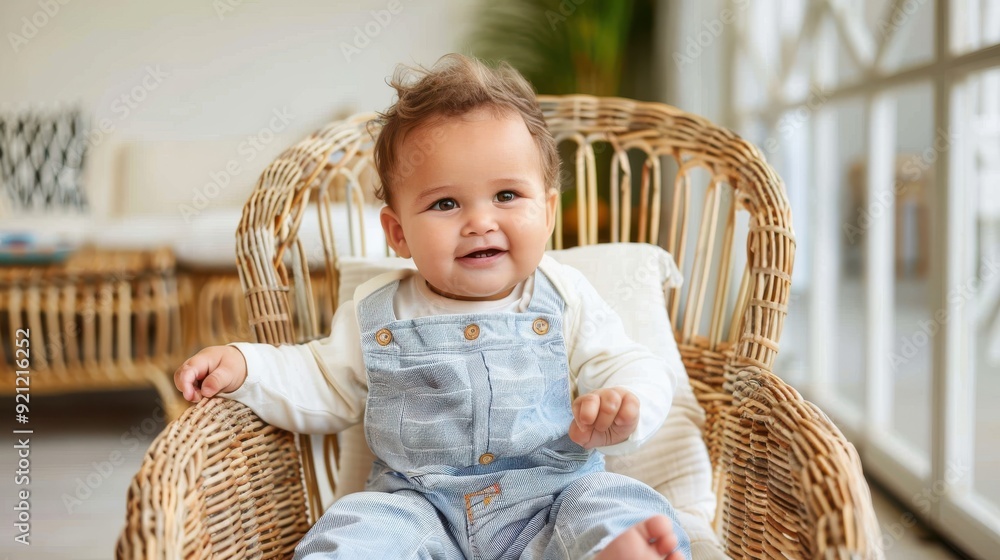 A cheerful toddler dressed in a cute outfit, sitting in a stylish wicker chair indoors, surrounded by home decor, and beaming with a joyful smile. The setting is cozy and warm. A cheerful toddler dressed in a cute outfit, sitting in a stylish wicker chair indoors, surrounded by home decor, and beaming with a joyful smile. The setting is cozy and warm.