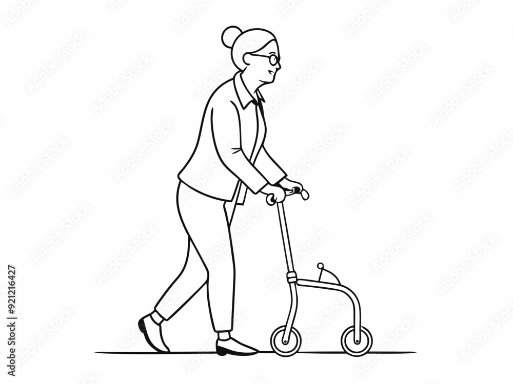 continuous single line drawing of senior woman walking with a rollator, line art vector illustration
continuous single line drawing of senior woman walking with a rollator, line art vector illustration