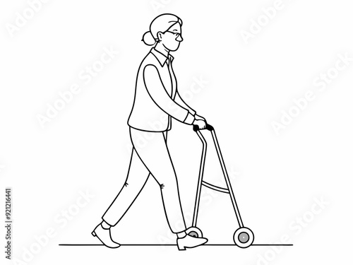 continuous single line drawing of senior woman walking with a rollator, line art vector illustration 