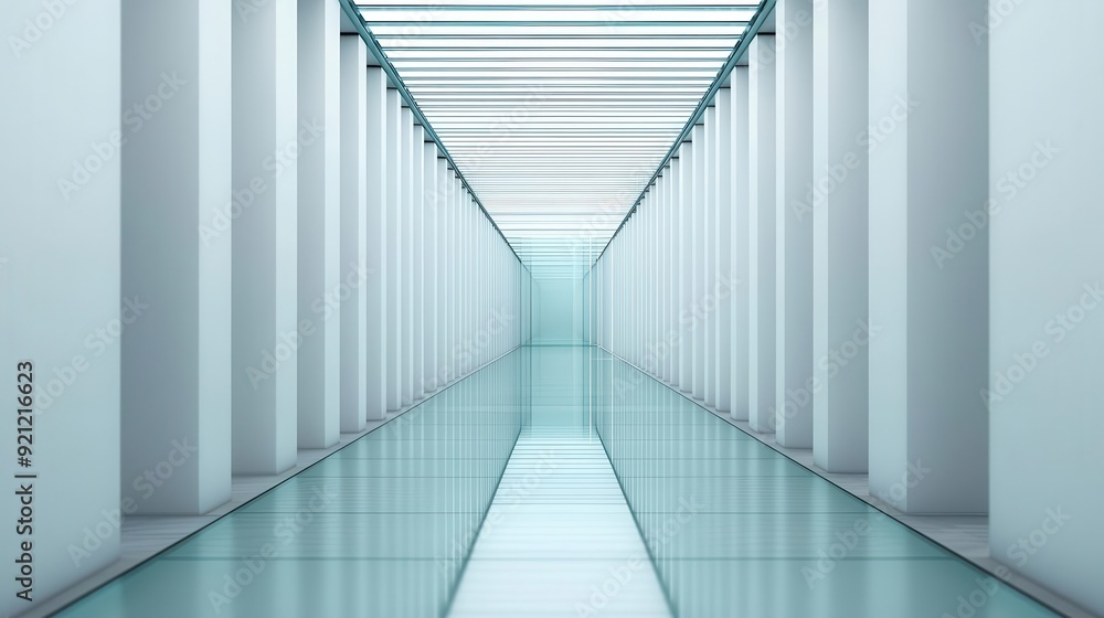 A glass catwalk suspended in a 3D abstract space, soft diffused lighting, seen from an eye-level perspective A glass catwalk suspended in a 3D abstract space, soft diffused lighting, seen from an eye-level perspective