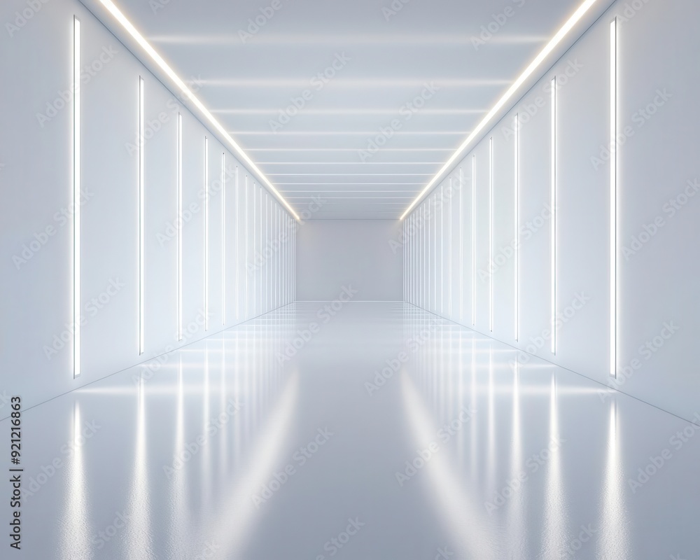 Obraz premium A minimalistic catwalk in a 3D void, reflective surfaces and soft ambient lighting, seen from a bird s-eye perspective