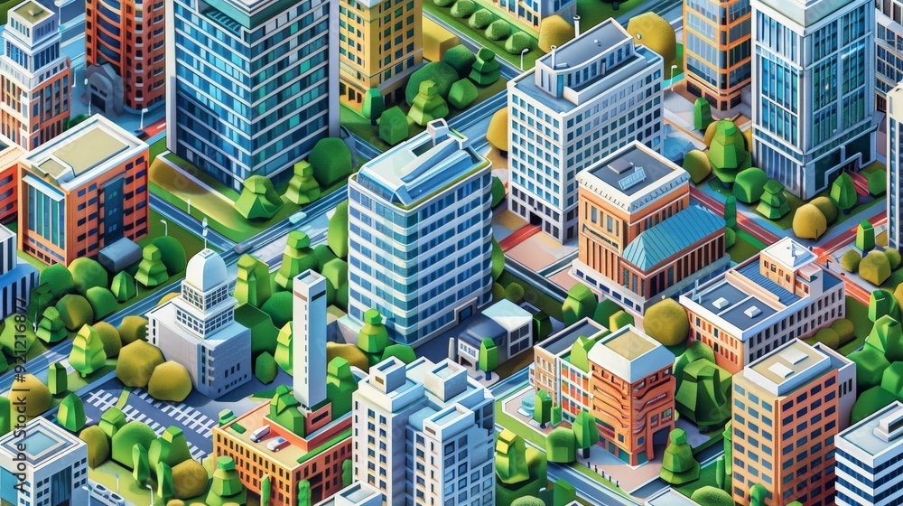 Obraz premium A vibrant isometric cityscape featuring diverse buildings, parks, and bustling streets, showcasing the intricate details of urban life from an elevated perspective.