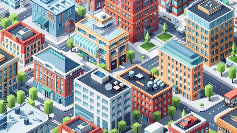 A vibrant isometric cityscape featuring diverse buildings, parks, and bustling streets, showcasing the intricate details of urban life from an elevated perspective. A vibrant isometric cityscape featuring diverse buildings, parks, and bustling streets, showcasing the intricate details of urban life from an elevated perspective.