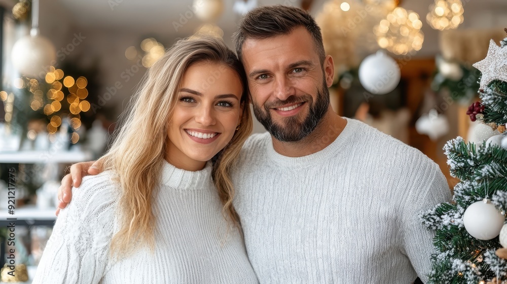A cheerful couple, dressed in matching white sweaters, standing close together with arms around each other, smiling warmly at the camera inside a festive, cozy room. A cheerful couple, dressed in matching white sweaters, standing close together with arms around each other, smiling warmly at the camera inside a festive, cozy room.
