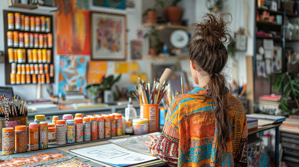 A woman with long hair is sitting at a desk with a variety of art supplies, including paint and brushes. She is focused on her work, likely creating a piece of art A woman with long hair is sitting at a desk with a variety of art supplies, including paint and brushes. She is focused on her work, likely creating a piece of art