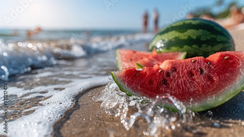 Close-up of juicy watermelon slices and a whole melon on the shore, waves splashing around, creating a perfect refreshing moment on a bright sunny day at the beach. photo