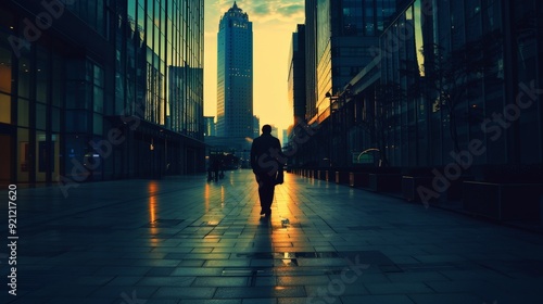 A worker walking to their office building in the early morning, the city just starting to wake up around them. photo