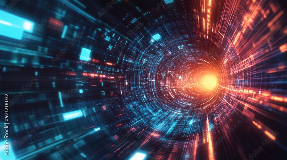 A 3D tunnel with abstract financial symbols and light effects, creating a dynamic, futuristic scene with space for text. A 3D tunnel with abstract financial symbols and light effects, creating a dynamic, futuristic scene with space for text.