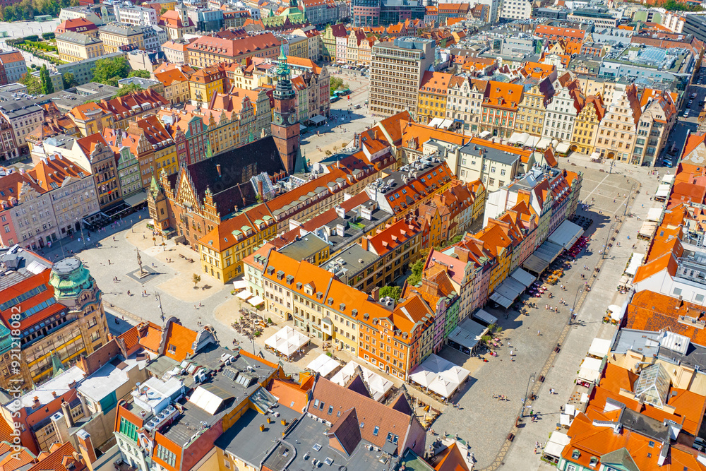 Aerial panoramic view of Wroclaw Market Square. Wroclaw, Poland, Europe