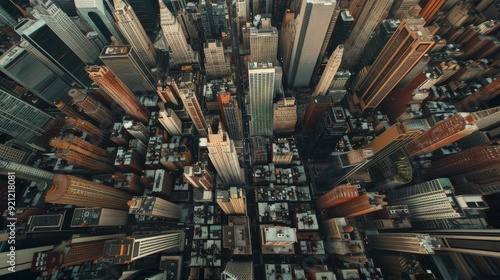 An aerial view of a bustling city, where tall buildings form a concrete forest.