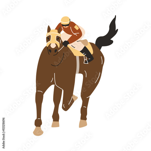 Horse racing, vector cartoon jockey sprinting on brown horse front view, animal sport competition, Equestrian isolated