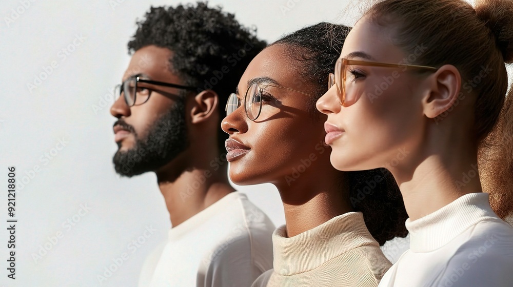 Visionaries in Unison: A diverse trio gazes towards a bright future, their stylish eyeglasses reflecting a shared vision of success and progress. Visionaries in Unison: A diverse trio gazes towards a bright future, their stylish eyeglasses reflecting a shared vision of success and progress.