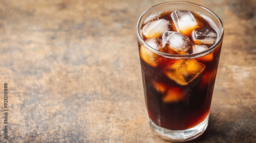 A cold brew coffee with ice cubes in a glass, with plenty of space around for text or messaging. A cold brew coffee with ice cubes in a glass, with plenty of space around for text or messaging.