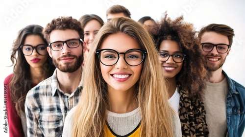 Sharp Vision, Bright Futures: A diverse group of young adults, united in their individuality and style, sport trendy eyeglasses, symbolizing intelligence, clarity, and a bright future ahead. 