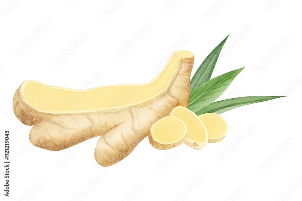 Cut ginger roots with slices and green leaves watercolor isolated illustration in pastel beige and yellow colors. Horseradish spice for simple kitchen designs, cookbooks and organic products Cut ginger roots with slices and green leaves watercolor isolated illustration in pastel beige and yellow colors. Horseradish spice for simple kitchen designs, cookbooks and organic products