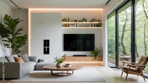 Modern interior design concept - Modern and Minimalist Living Room with Abundant Natural Light and Lush Greenery - A Serene and Inviting Space