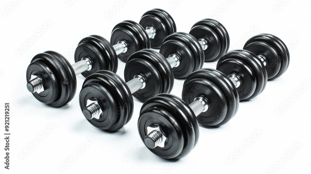 A set of isolated dumbbells arranged neatly, emphasizing the essential equipment for any home or commercial gym. A set of isolated dumbbells arranged neatly, emphasizing the essential equipment for any home or commercial gym.