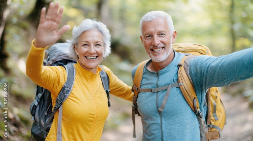 A senior couple, wearing backpacks, is happily waving at the camera during their hike in a forest, beautifully illustrating their active and adventurous lifestyle in nature. A senior couple, wearing backpacks, is happily waving at the camera during their hike in a forest, beautifully illustrating their active and adventurous lifestyle in nature.