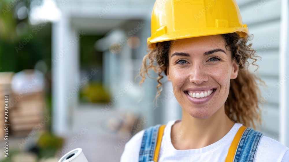 A builder, smiling confidently while wearing a yellow hard hat, stands at a construction site, holding plans, showcasing professionalism and commitment to the building project. A builder, smiling confidently while wearing a yellow hard hat, stands at a construction site, holding plans, showcasing professionalism and commitment to the building project.