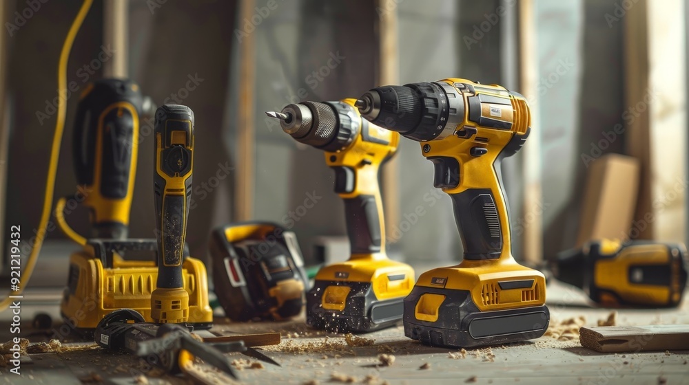A set of power tools, including a drill, saw, and sander, all plugged in and ready for use on a construction site. A set of power tools, including a drill, saw, and sander, all plugged in and ready for use on a construction site.