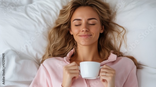 A serene woman with blonde hair lies in bed, enjoying a cup of coffee with a relaxed expression, exuding tranquility and contentment, reflecting a peaceful morning routine.