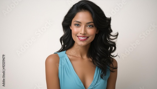 studio portrait of brunette woman wearing a light blue dress on white background 