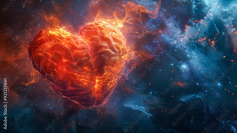 A heart made of brains is floating in space. Concept of wonder and curiosity about the universe and the mysteries it holds A heart made of brains is floating in space. Concept of wonder and curiosity about the universe and the mysteries it holds