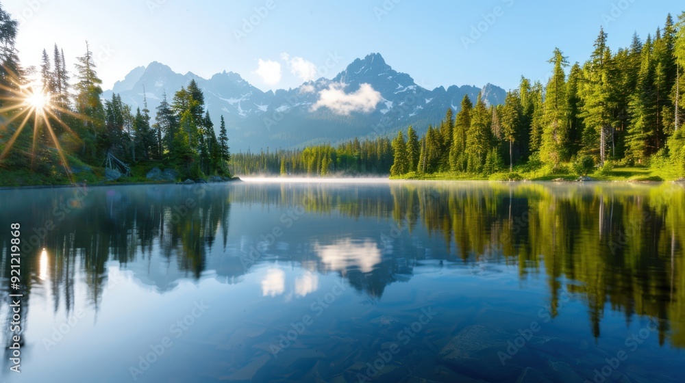 A pristine lake with clear reflections of the surrounding mountains and dense forest highlighted by a sunrise, embodying the essence of untouched natural beauty. A pristine lake with clear reflections of the surrounding mountains and dense forest highlighted by a sunrise, embodying the essence of untouched natural beauty.
