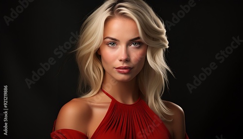 Wallpaper Mural studio portrait of a blonde woman wearing a red dress on black background Torontodigital.ca