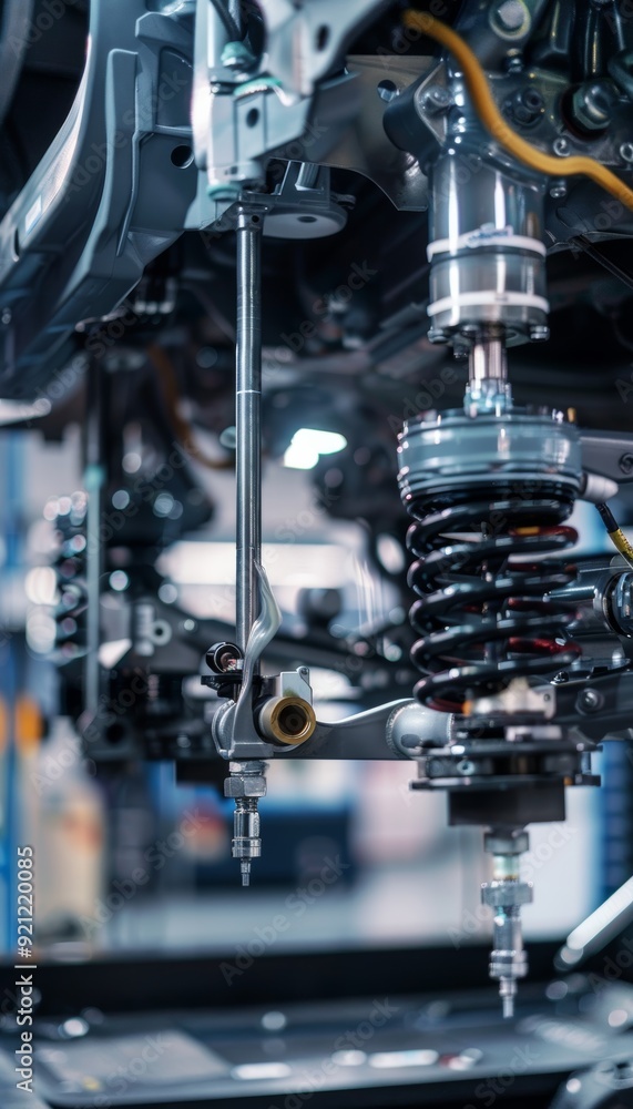 Fototapeta premium Engineers Testing Car Suspension System on Hydraulic Rig - Auto Mechanics and Dynamics