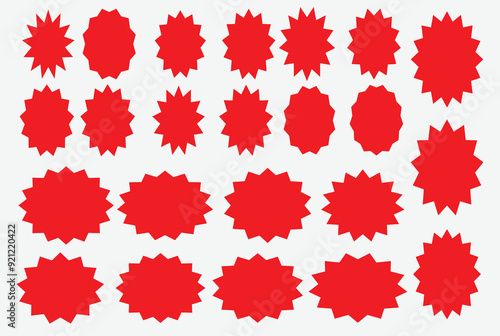 Set of red starburst, sunburst badges Star burst price icon. Promo stickers with star edges
stamps isolated on white background, Round, cloud retail tag. Color illustration, Simple empty pricetag.