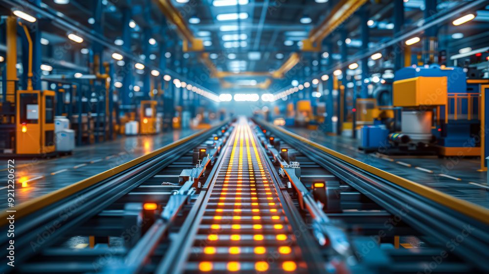 A conveyor belt with orange boxes moving along it. Ideal for illustrating logistics, manufacturing, and product handling processes. A conveyor belt with orange boxes moving along it. Ideal for illustrating logistics, manufacturing, and product handling processes.