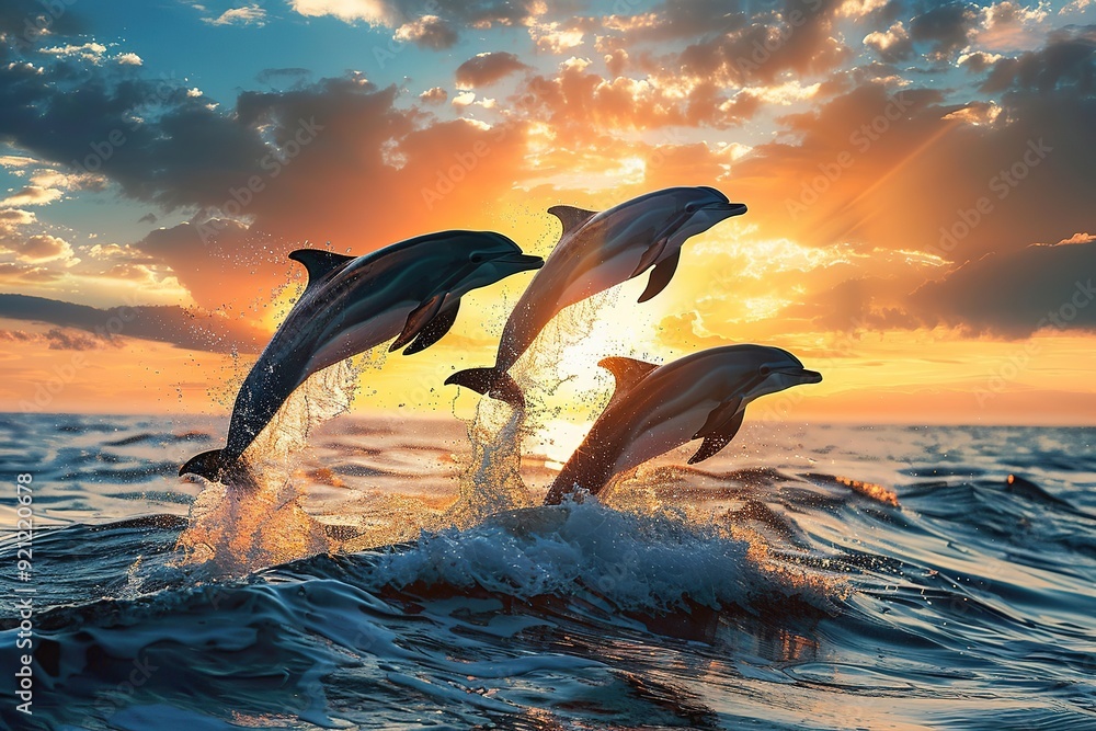 Dolphins leaping from ocean at sunset with vibrant skies Dolphins leaping from ocean at sunset with vibrant skies