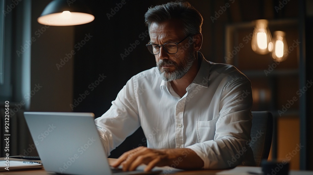 Late Night Focus: A mature businessman, illuminated by warm lamplight, is engrossed in his laptop, demonstrating dedication, focus, and a sense of purpose in the late hours. Late Night Focus: A mature businessman, illuminated by warm lamplight, is engrossed in his laptop, demonstrating dedication, focus, and a sense of purpose in the late hours.