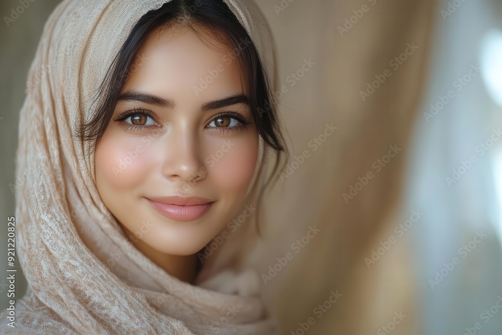 elegant young malay woman in hijab radiating warmth and confidence soft lighting enhances her gentle smile set against a backdrop of muted earth tones that complement her modest attire elegant young malay woman in hijab radiating warmth and confidence soft lighting enhances her gentle smile set against a backdrop of muted earth tones that complement her modest attire