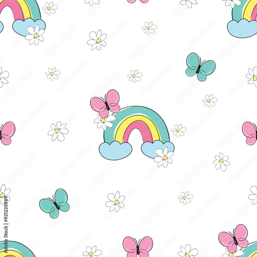 Seamless vector pattern with hand drawn Rainbows and Butterfly Trendy kids print for fabric textile Seamless vector pattern with hand drawn Rainbows and Butterfly Trendy kids print for fabric textile
