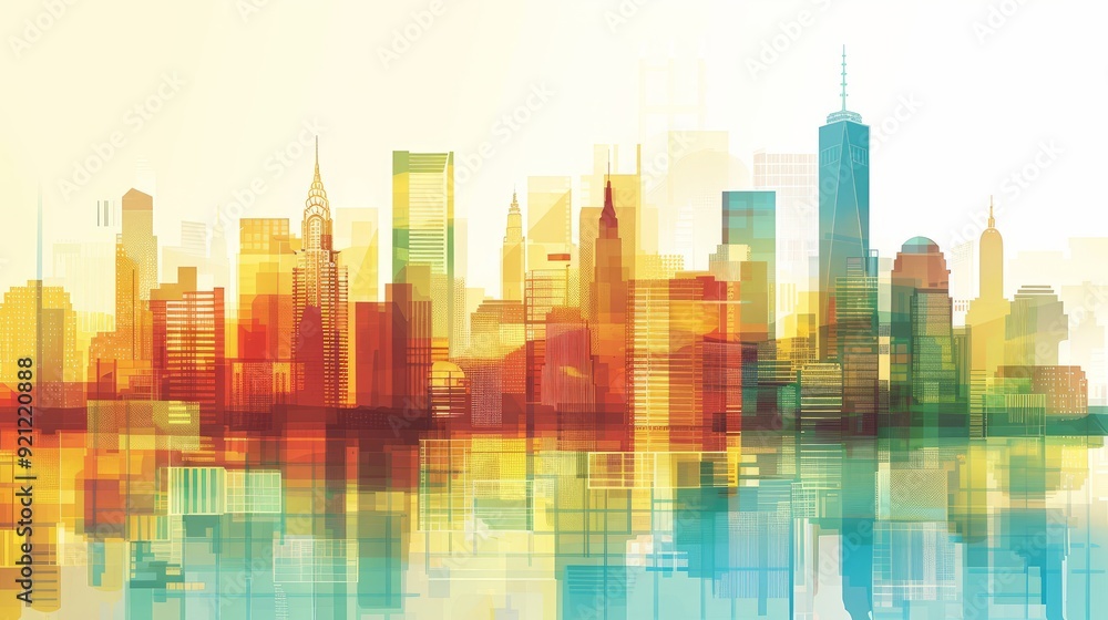 Obraz premium Abstract cityscape with warm and cool tones, reflecting on a body of water.
