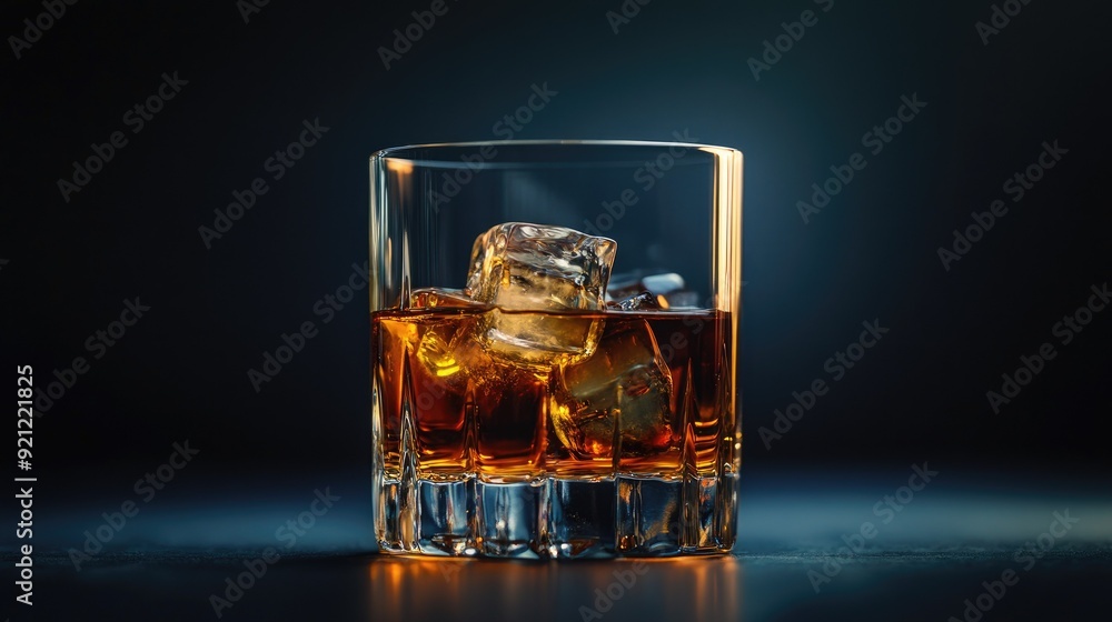 A glass of whiskey with ice cubes on a dark background, with dramatic lighting and space for copy. A glass of whiskey with ice cubes on a dark background, with dramatic lighting and space for copy.