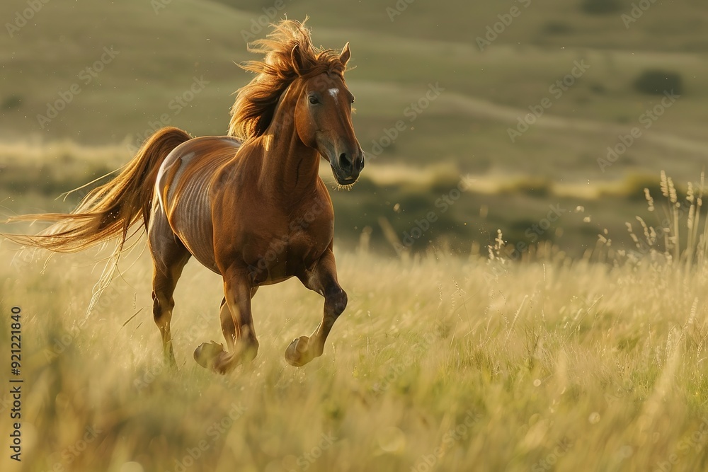 Galloping chestnut horse in golden meadow at sunset Galloping chestnut horse in golden meadow at sunset