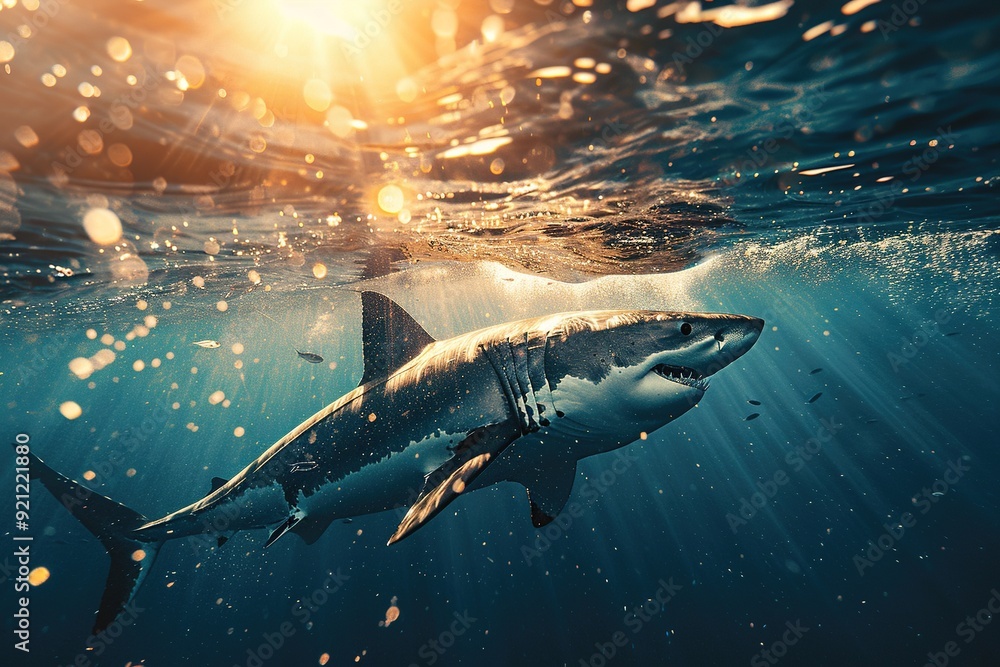 Fototapeta premium Great white shark swimming underwater with sun rays