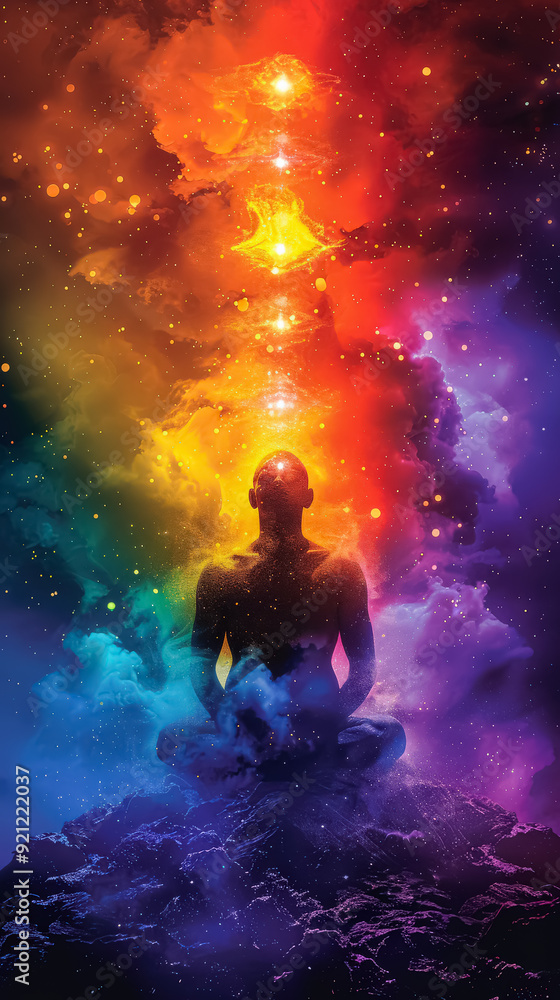 A man is sitting in the middle of a colorful rainbow. The rainbow is surrounded by clouds and stars. The man is meditating and he is in a peaceful state A man is sitting in the middle of a colorful rainbow. The rainbow is surrounded by clouds and stars. The man is meditating and he is in a peaceful state