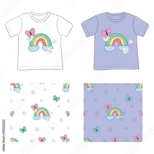 Cute Rainbow and flowers hand drawn vector illustration, Kids clothing design with trend print