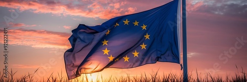 wide shot , EU / European Union flag waving in the sky , noon