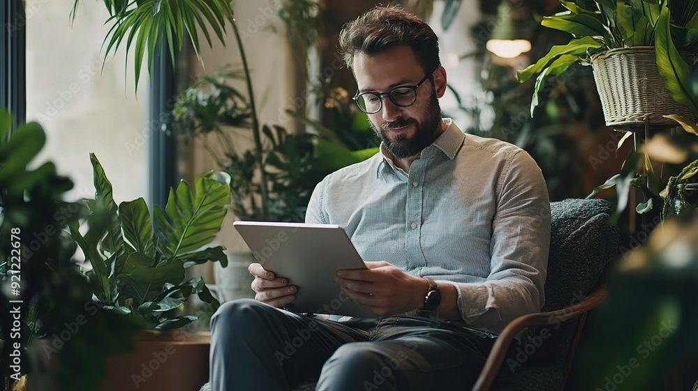 A man with a beard and glasses, dressed in a light blue shirt, sits in a comfy chair surrounded by lush greenery. A man with a beard and glasses, dressed in a light blue shirt, sits in a comfy chair surrounded by lush greenery.