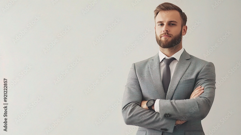 A young businessman stands with his arms crossed, exuding confidence and professionalism against a clean, minimalist background. A young businessman stands with his arms crossed, exuding confidence and professionalism against a clean, minimalist background.